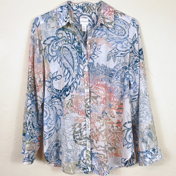 CHICO’S Tab Sleeve Paisley Watercolor Blouse S - Picture 3 of 8